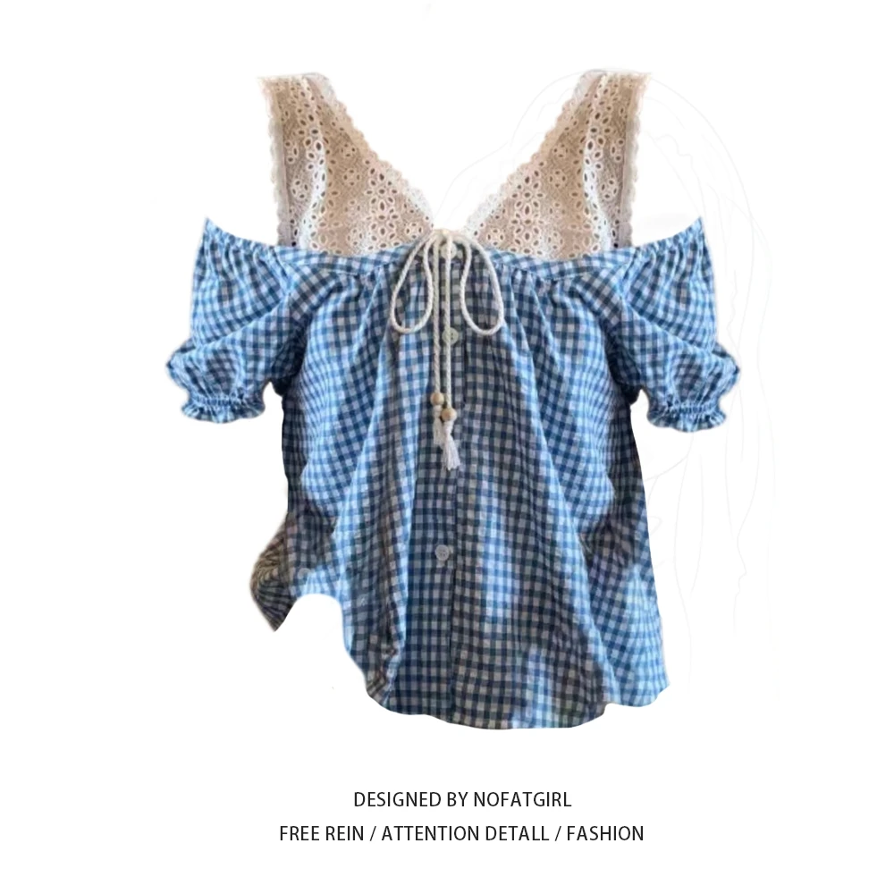 大码胖妹妹法式复古蕾丝格纹假两件小衫女夏季宽松遮肉泡泡袖上衣