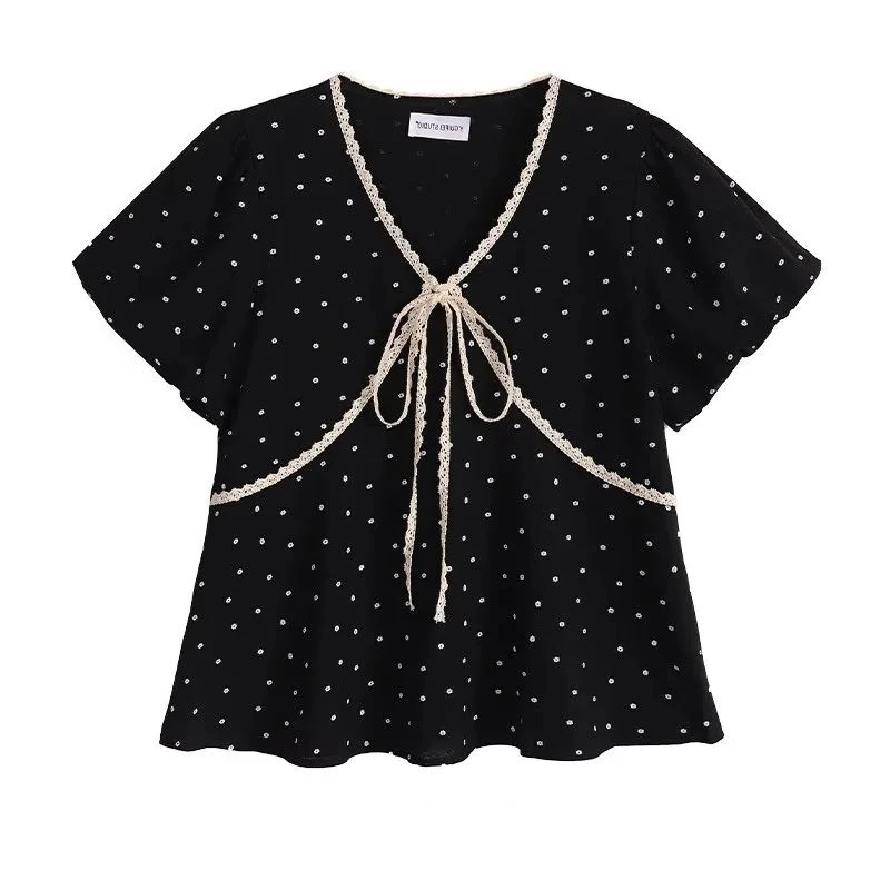胖mm240斤大码设计感波点蕾丝花边V领短袖T恤女夏季宽松遮肉上衣