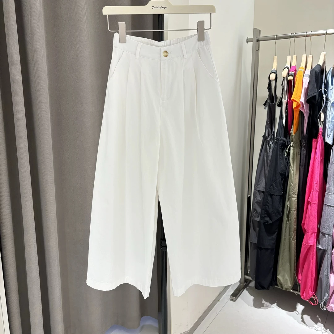 2025白色休闲裙裤日系休闲高腰阔腿九分裤垂感八分裤女工厂直销