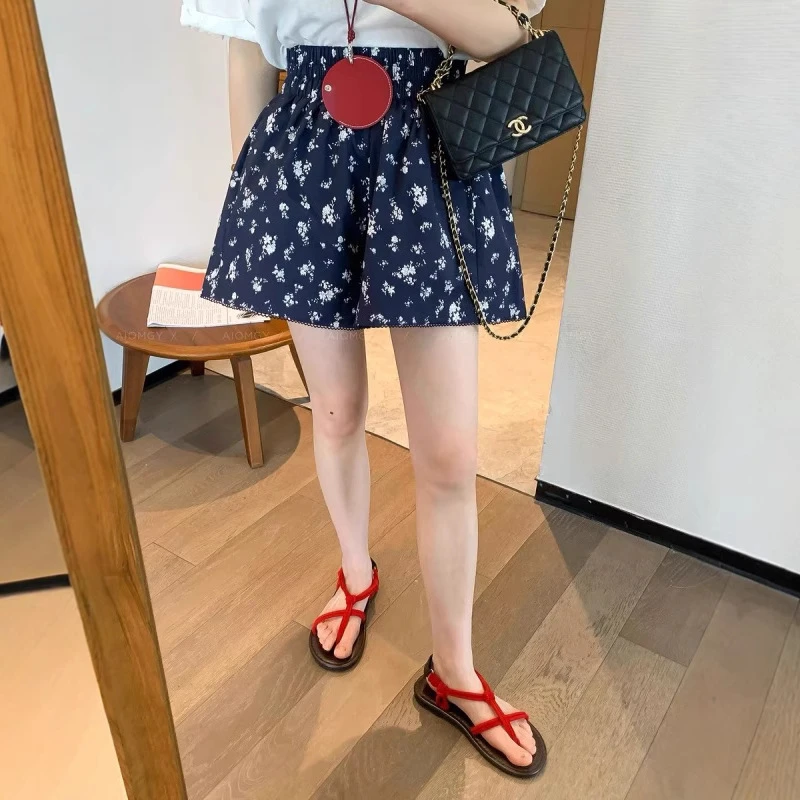 好版型~夏季深蓝碎花高腰休闲短裤裤子女百搭新款宽松显瘦阔腿裤