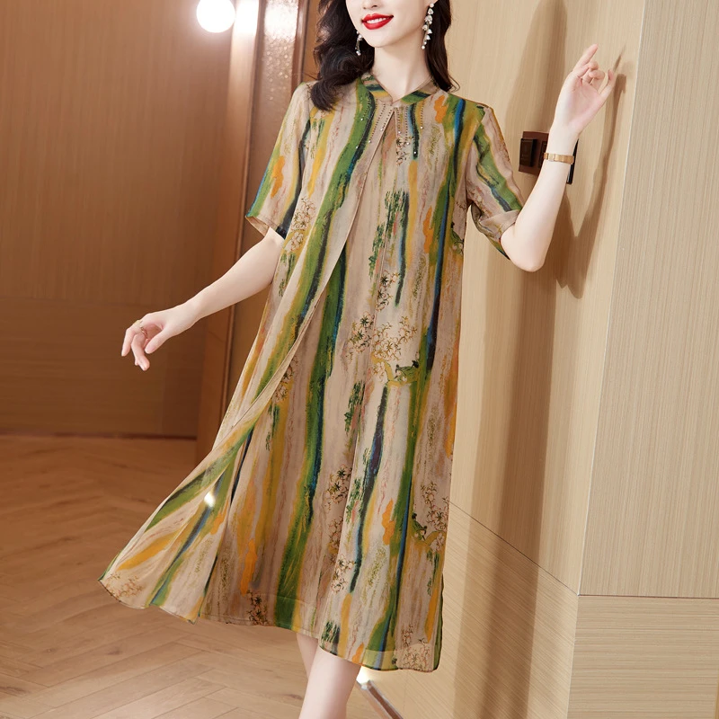 中长款仿真丝连衣裙女2025夏新款中年妈妈装气质雪纺轻盈大码裙子