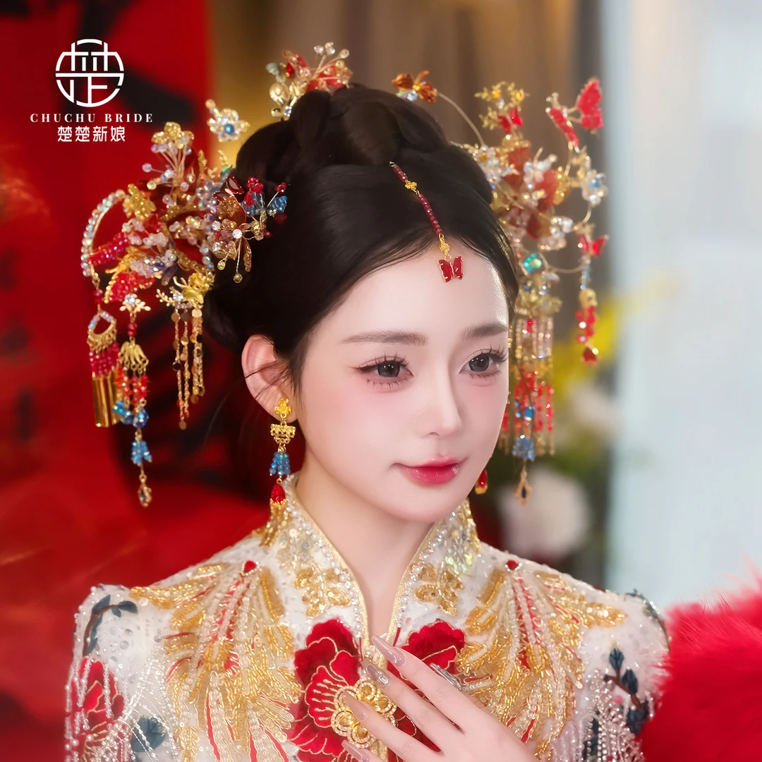 2025新颖中式手工水晶凤钗发饰复古汉服新娘传统秀禾古装头饰品