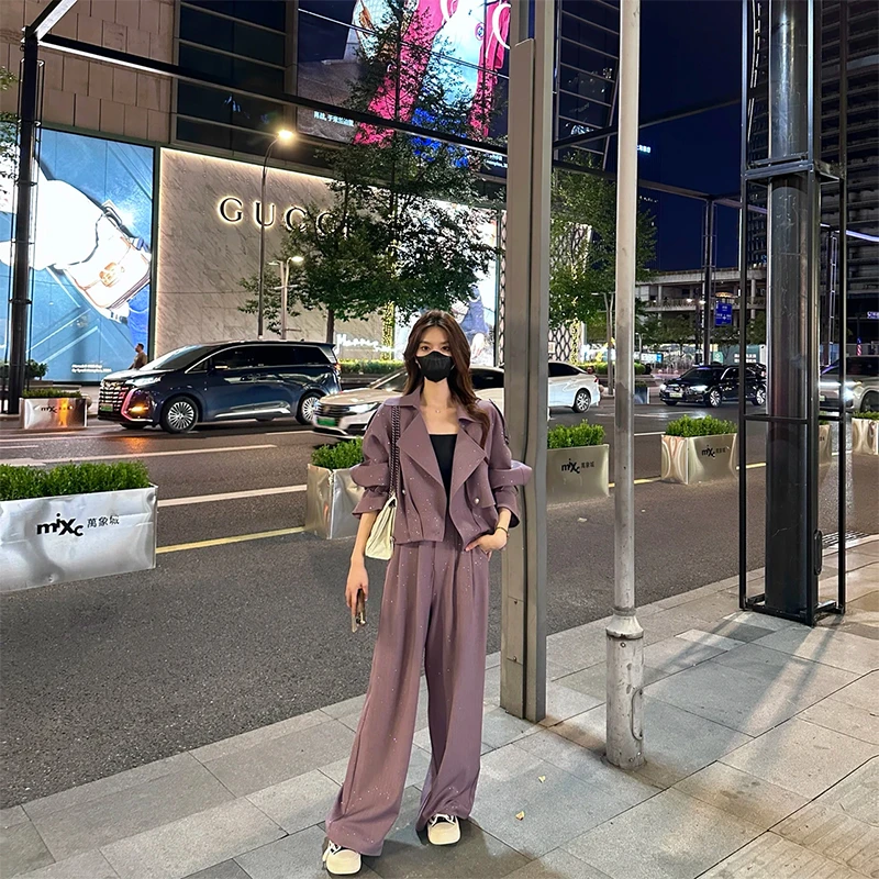 时尚休闲套装女2025春季新款韩版宽松气质外套+高腰显瘦阔腿裤