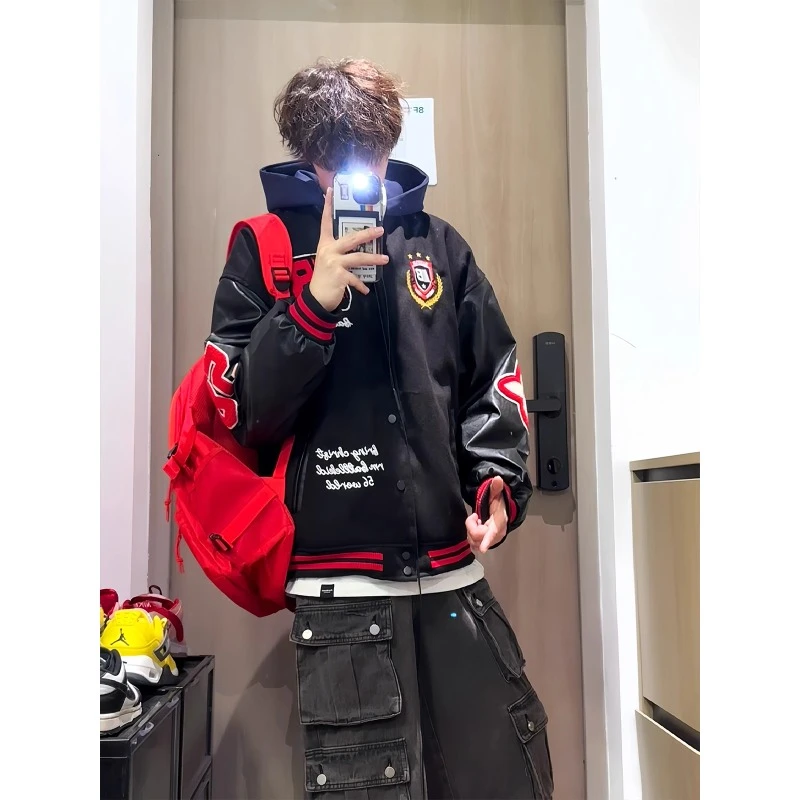 美式复古字母黑色棒球服男春秋夹克潮流情侣宽松外套潮百搭