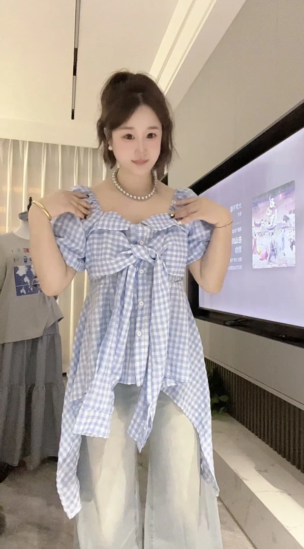 「小吴家」甜辣妹方领格子短袖衬衫女夏新款微胖mm收腰显瘦小衫上衣