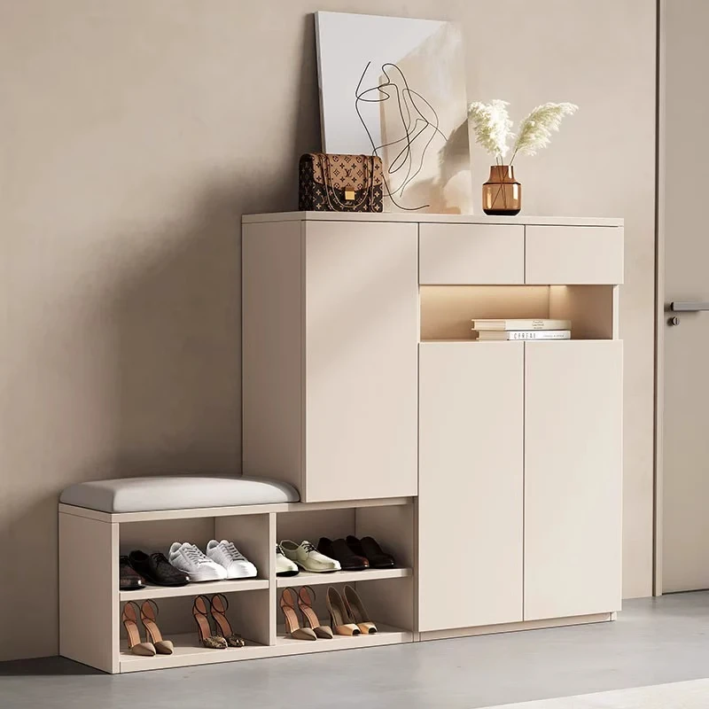楼道入户实木鞋柜门外家用门口储物柜一体靠墙玄关新款多层收纳柜