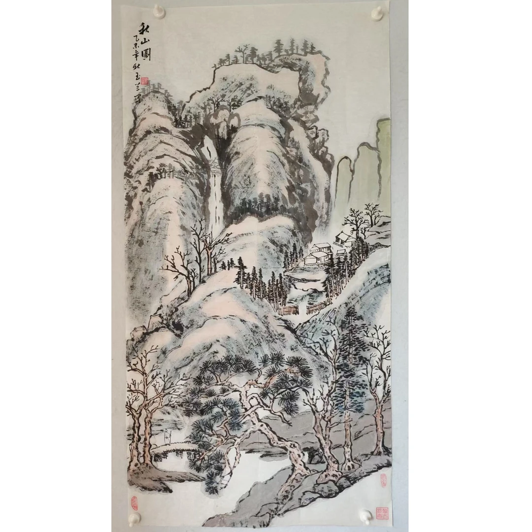 81  多年前纯手绘老字画《秋山图》中堂  尺寸 137×68