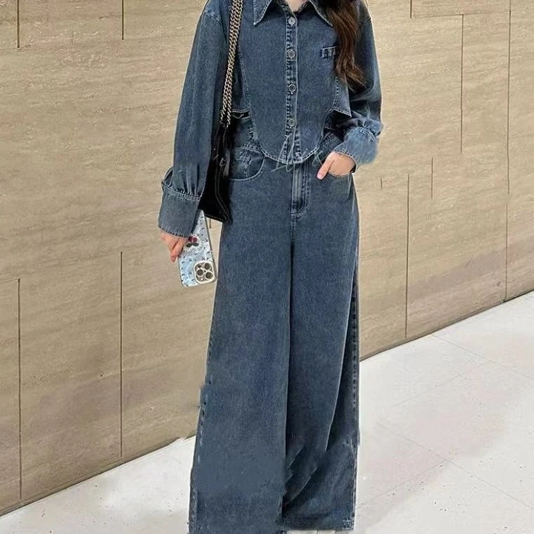 复古港风INS风轻职风时尚套装阔腿裤牛仔宽松复古套装5158款休闲