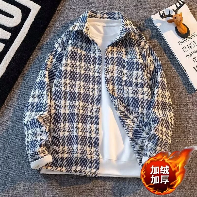 小香风外套男潮牌宽松休闲加绒夹克2024秋冬季潮牌高级感格子衬衫