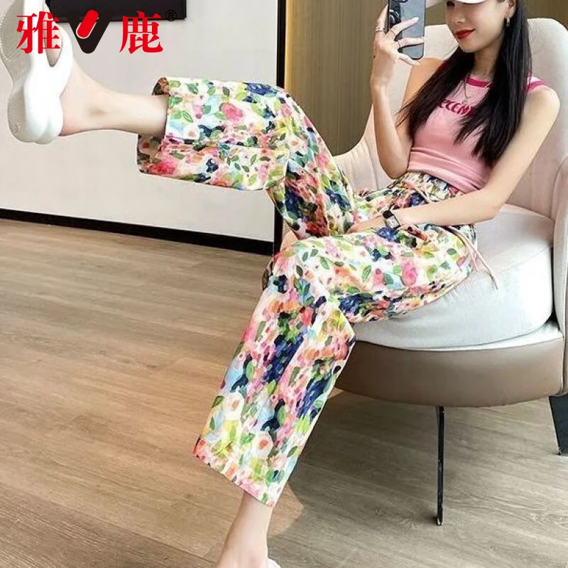 V/雅鹿夏季睡裤女士薄款阔腿花裤显瘦休闲宽松裤家居运动简约印花