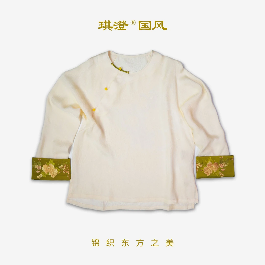 琪澄“玉卉”百分百桑蚕丝白色圆领长袖国风新中式提花套头上衣