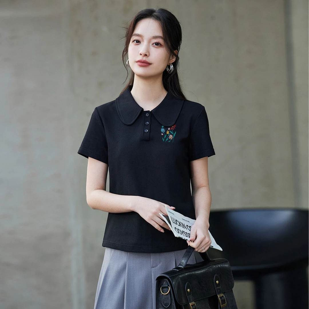 茵曼2025年夏季新品潮流Polo领短袖女通勤休闲百搭娃娃领女式T恤
