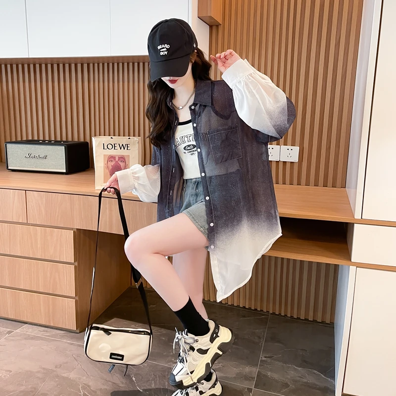 夏季高级感防晒衬衫上衣女韩版时尚宽松百搭设计感渐变色防晒衬衣