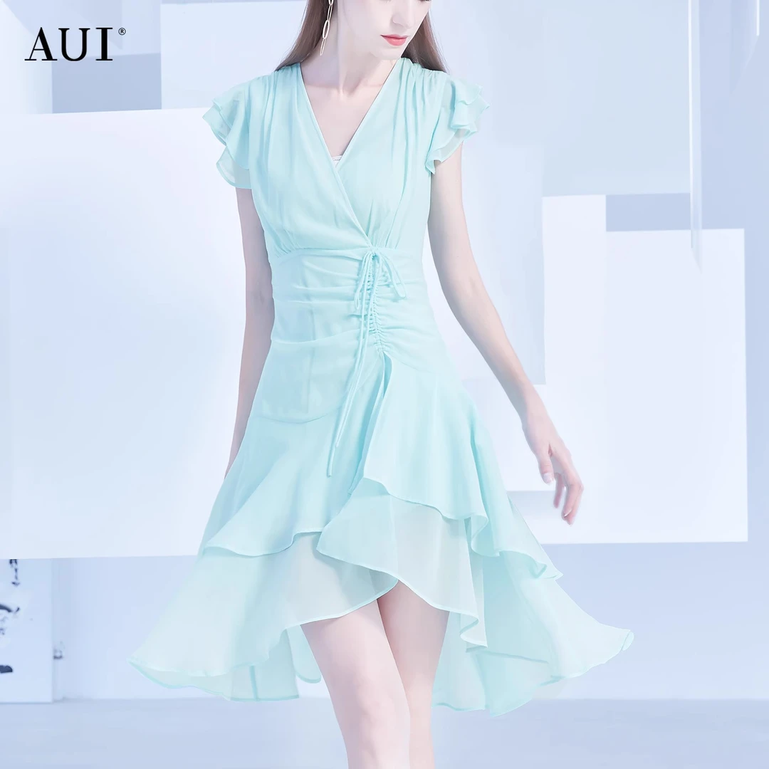 【诗语专属】AUI绿色名媛气质雪纺连衣裙-21E018405