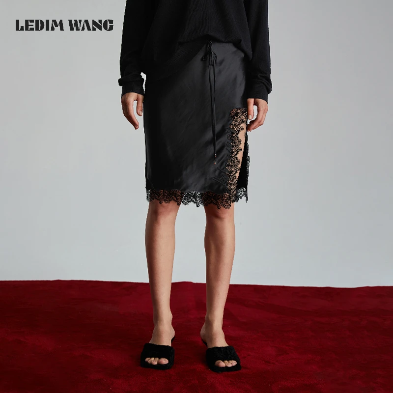 ledim wang【明星同款】黑色开叉半身裙女2024秋季新款蕾丝包臀裙
