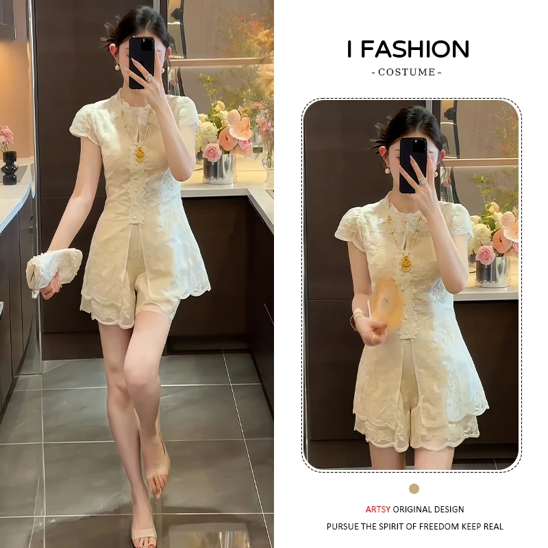 小个子韩版时尚套装女2025年夏季新款蕾丝圆领短袖上衣短裤两件套