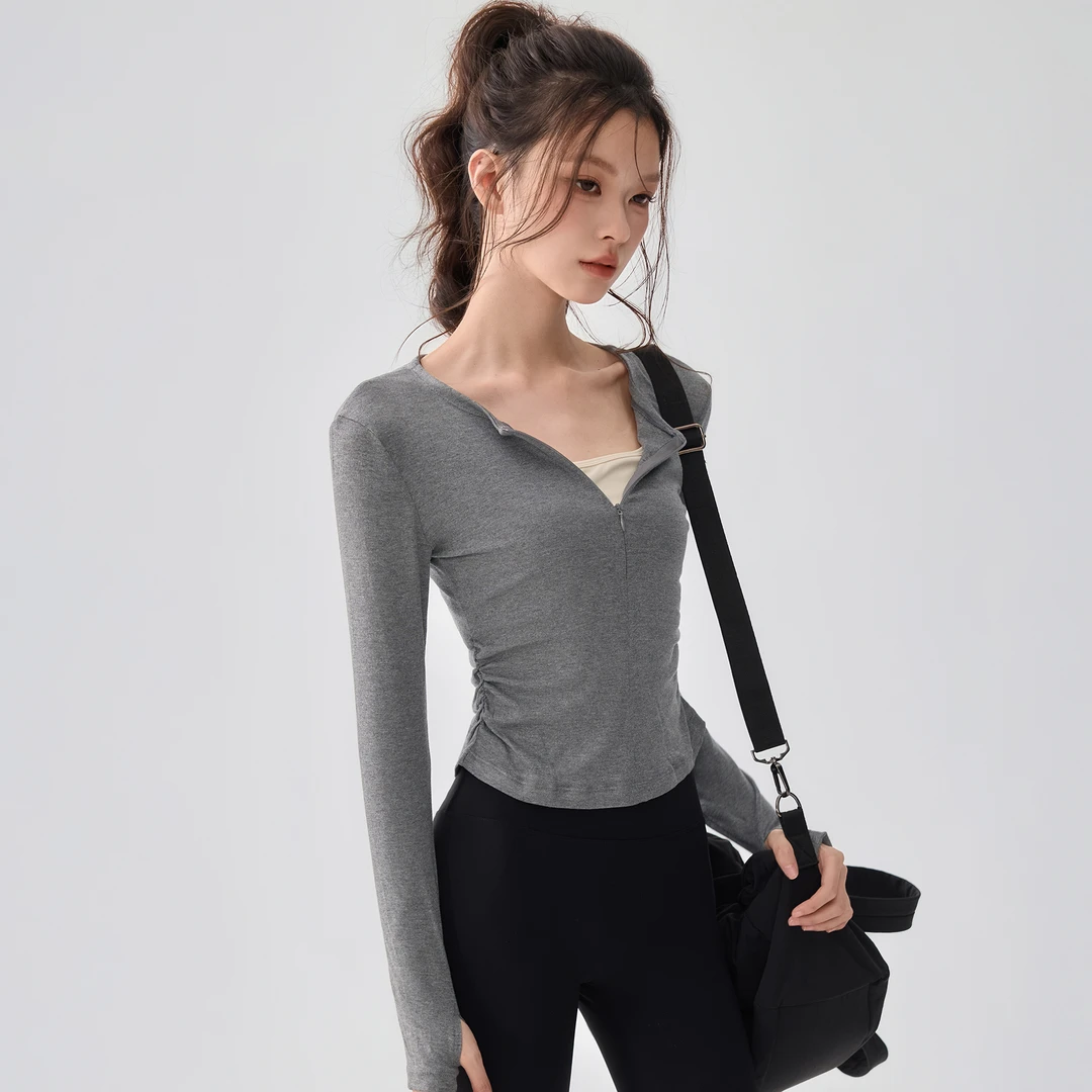 云端贝壳半拉链瑜伽服女修身显瘦运动上衣普拉提训练跑步健身长袖