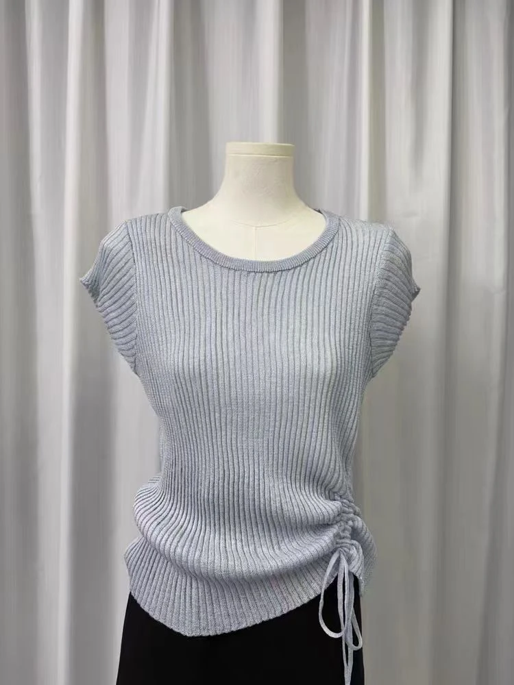 《蕾姐》夏季新款针织气质冰丝短袖设计感抽绳收腰045665-浅蓝