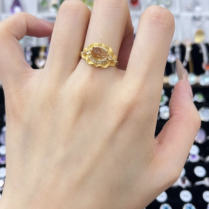 戒指黄晶银S925镀金镶嵌
