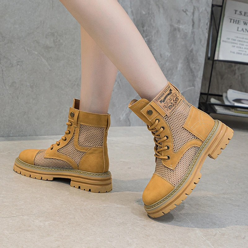 真皮2025夏季镂空薄款马丁透气大黄中筒堆堆夏季马丁靴靴子百搭