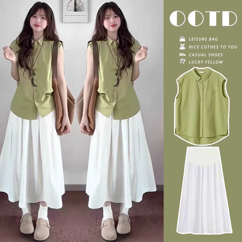 孕妇套装2025夏新潮款时尚复古多巴胺宽松休闲上衣百搭托腹半身裙