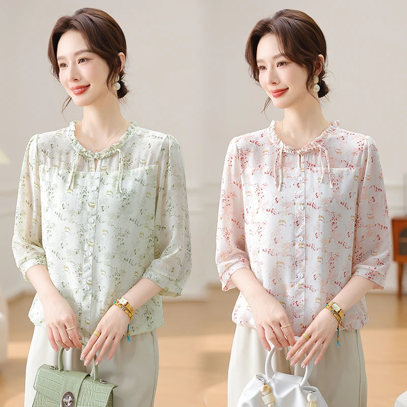 妈妈夏装套装2025新款雪纺小衫洋气短袖t恤中老年女装时尚上衣服