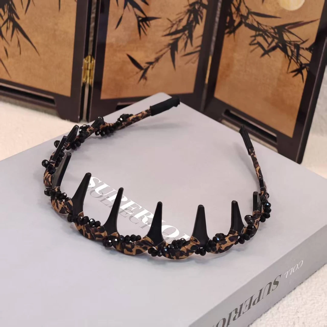 韩版豹纹缠绕水晶链条发箍倒插梳