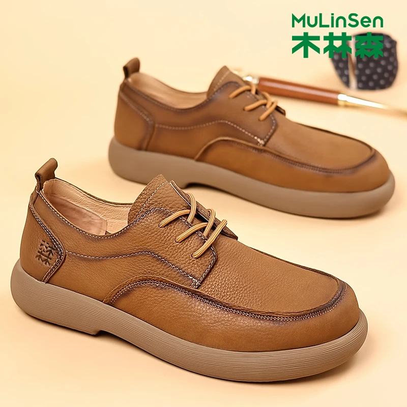 木林森男鞋秋季2025新款头层牛皮复古办公室通勤厚底商务休闲皮鞋