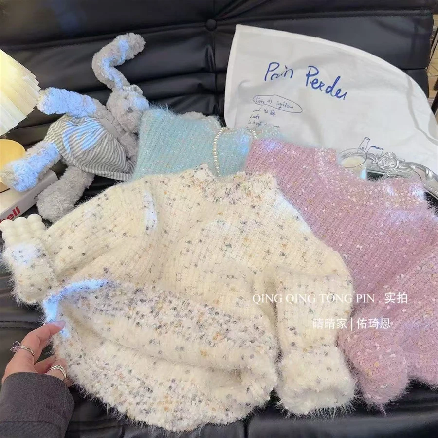 HHkids女童新款韩版洋气加厚水貂绒百搭套头针织毛衣上衣EMM016