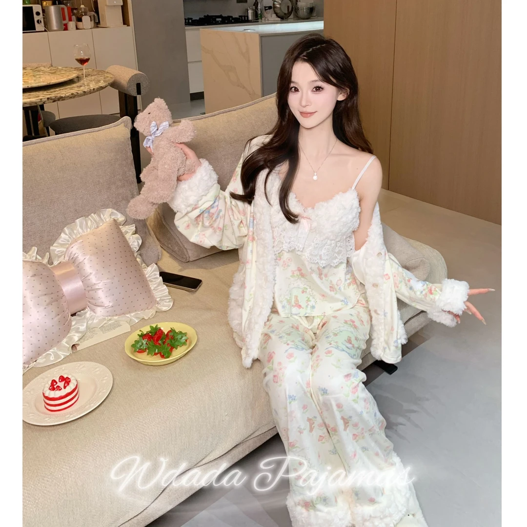 【花园兔兔】2025秋冬爆款双面海岛绒女吊带开衫加厚保暖长袖睡衣