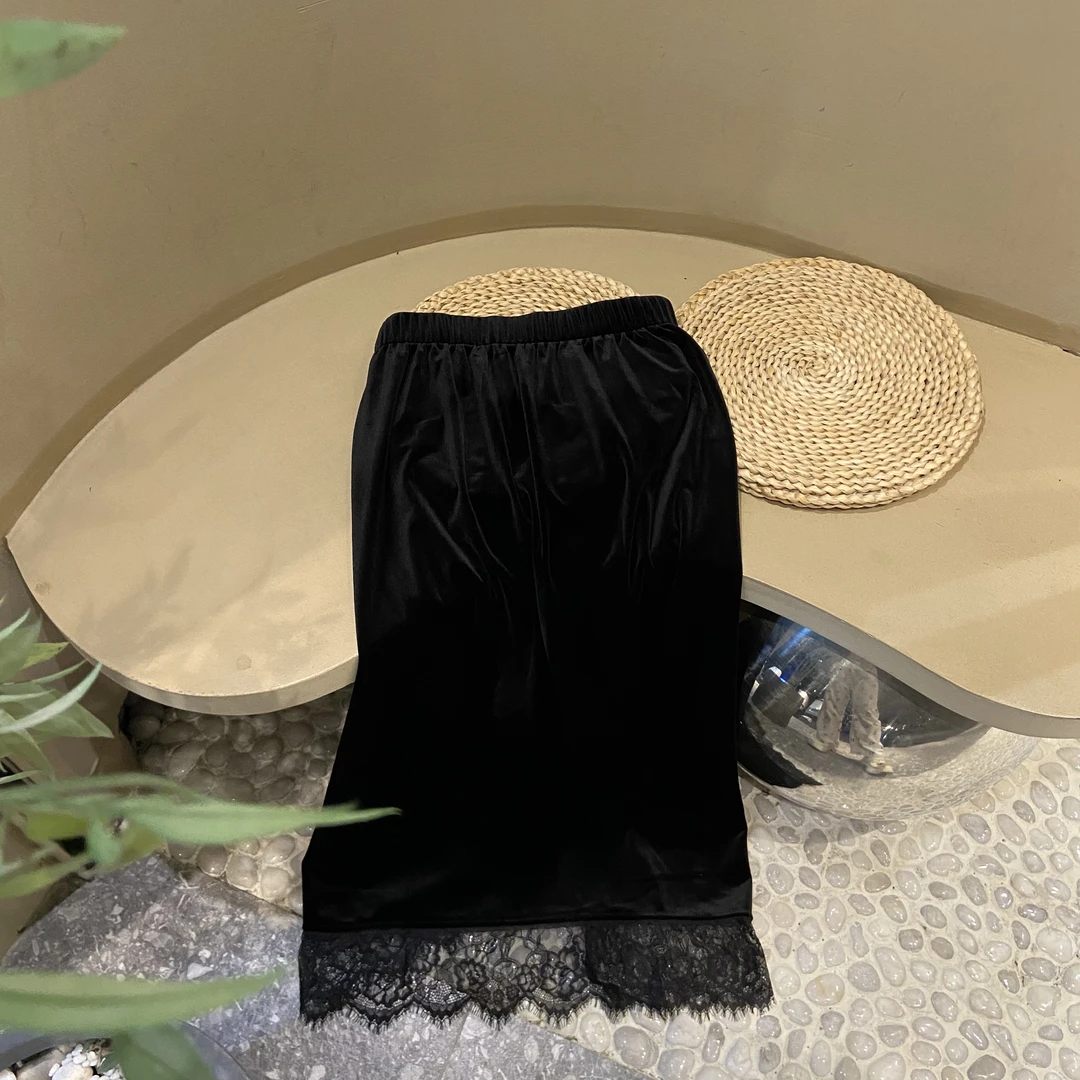 涵儿家 早秋松紧腰裙尾拼蕾丝后开叉半裙-33050