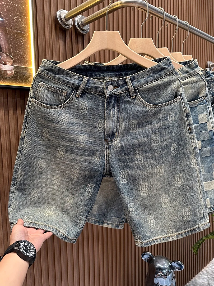 美式潮牌高级感印花复古牛仔短裤男夏季新款炸街休闲百搭五分中裤