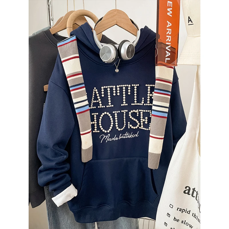 设计感小众大码胖mm连帽卫衣女冬季新款宽松显瘦加绒钉珠外套上衣