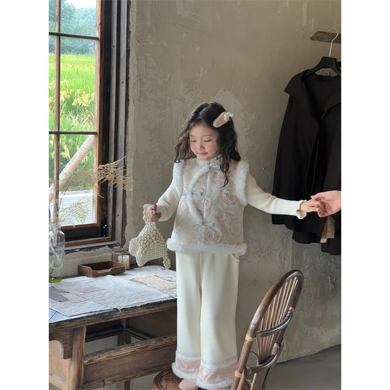 【吉祥如意】XYAL·25冬~女童年服新年毛边珍珠扣套装Y7115（童装汉服