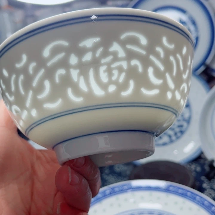 青花玲珑5寸饭碗满雕双福双线