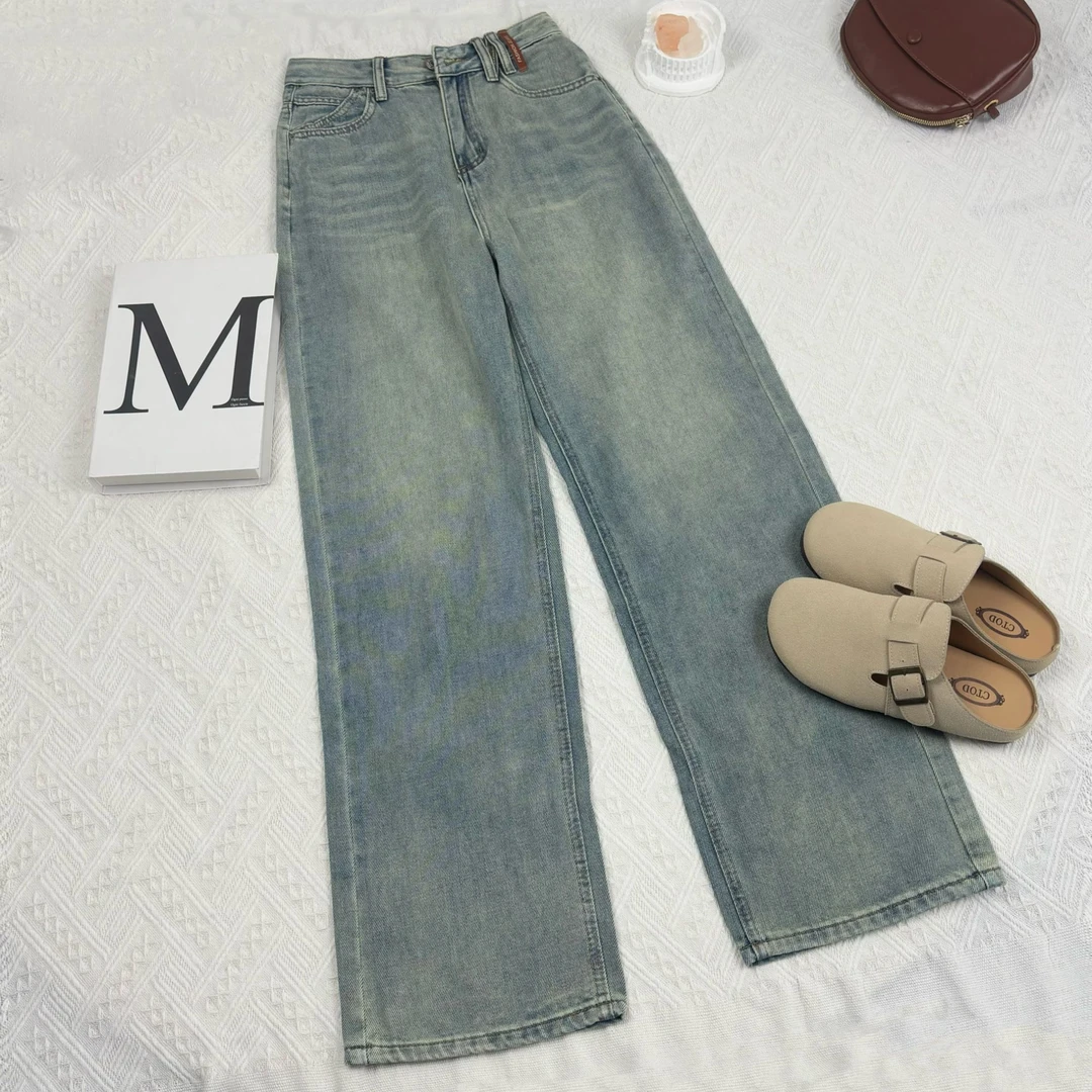 新新定制-高腰垂感做旧直筒长裤拖地裤牛仔裤380856