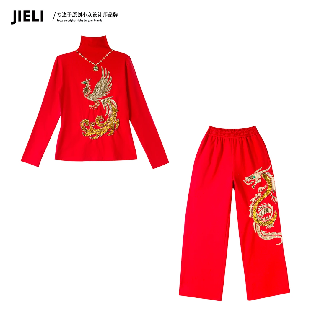 JIE LI/街力定制秋冬新款设计师高级感休闲红色套装女Y10156