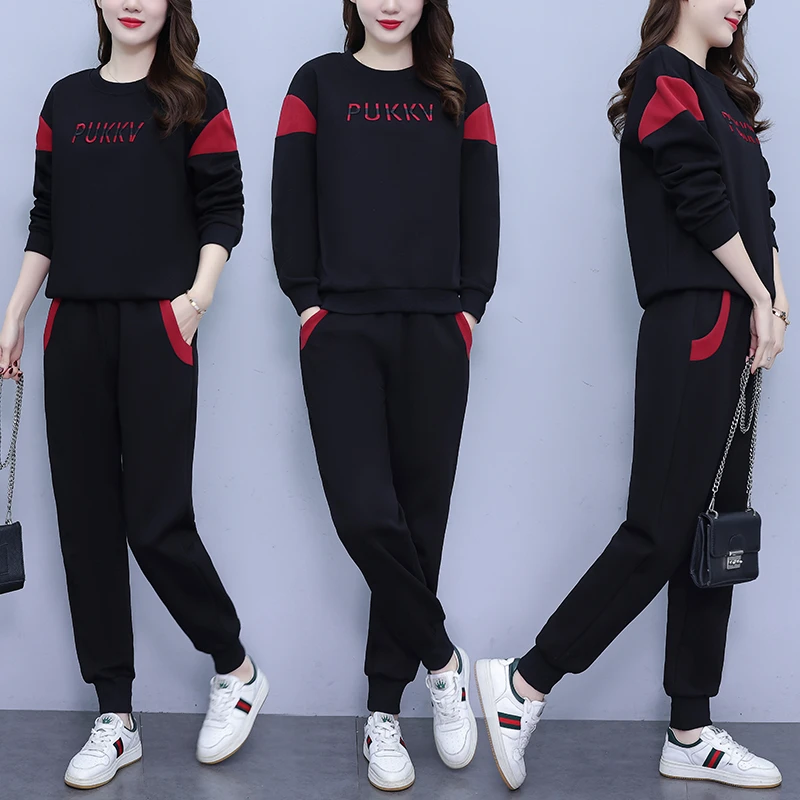 实拍大码新款修身显瘦时尚洋气休闲运动拼接字母绣花两件BG#9301