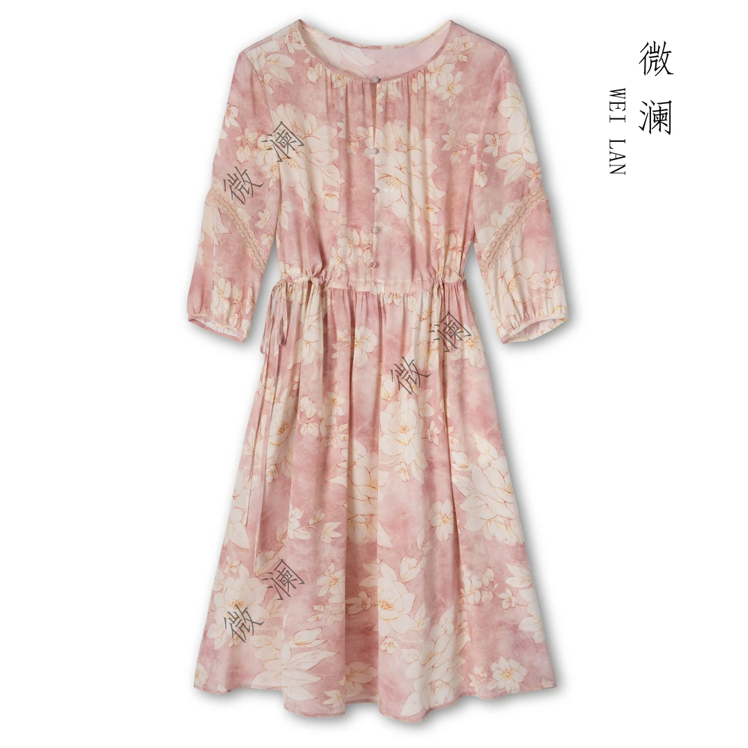 【出水芙蓉】100桑蚕丝夏季新款显瘦气质04双绉中长款连衣裙DL5416