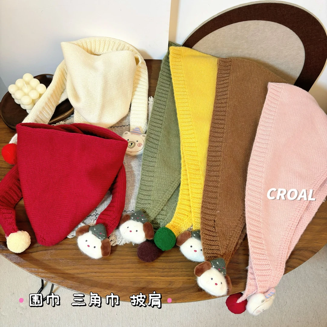 可爱公仔男女童三角巾秋冬儿童围巾防风护脖宝宝百搭针织围脖韩