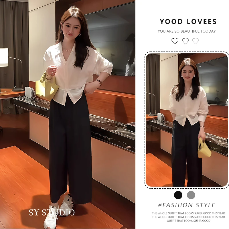 韩系夏日穿搭一整套超好看别致绝美上衣高腰直筒休闲裤气质两件套