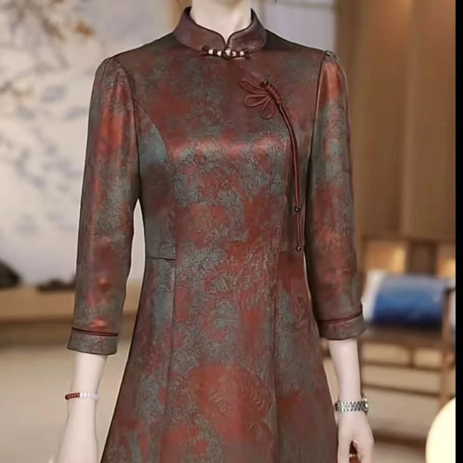 F555 立领气质旗袍长袖提花印花优雅A字裙无开衩极简风