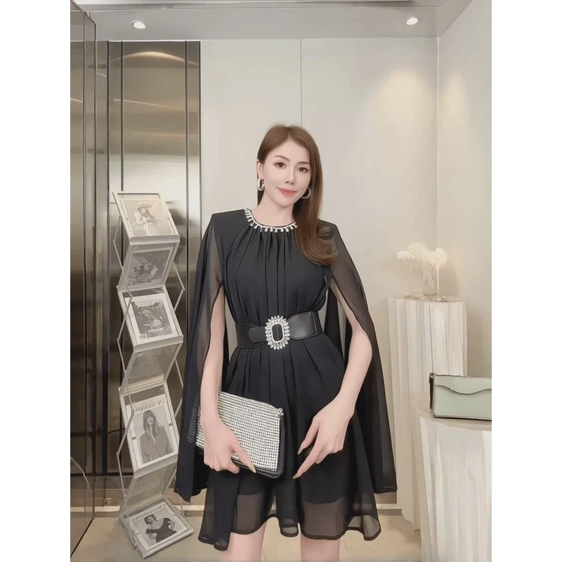 法式赫本风网纱披肩连衣裙女204夏季新款气质钉珠收腰显瘦短裙潮