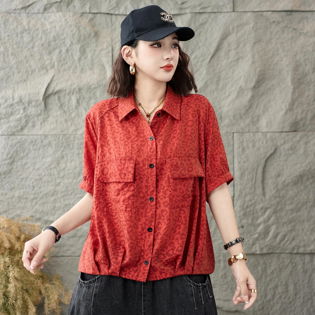 恒源祥彩羊夏季新款时尚洋气妈妈装短袖衬衫女短款减龄遮肚小衫碎