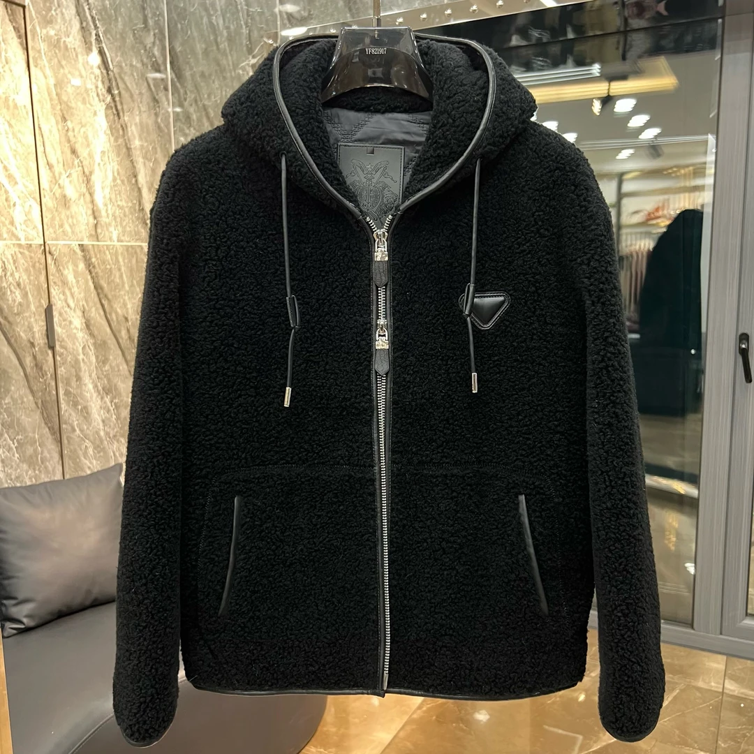 25190高奢拼皮连帽100%羊羔毛休闲保暖外套