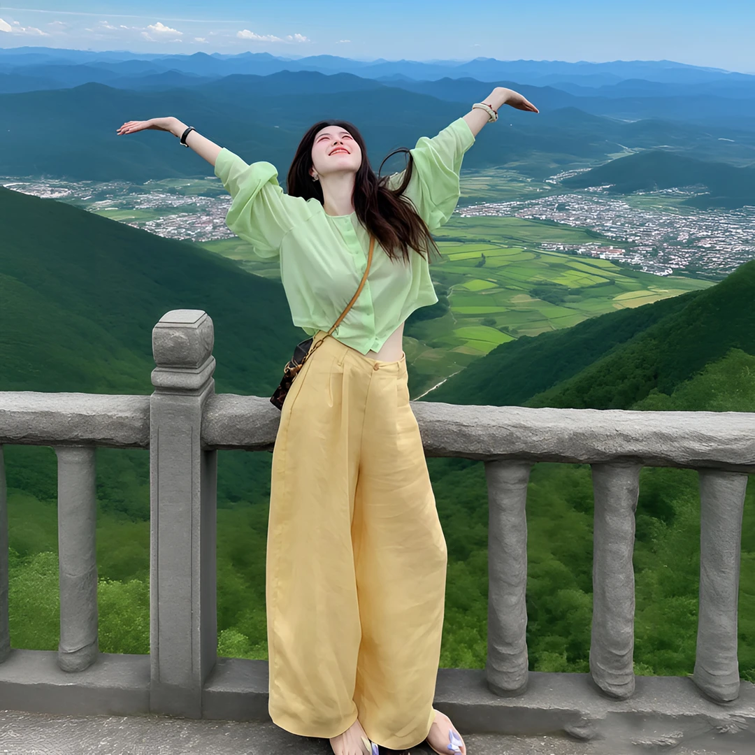 夏季新款韩系慵懒风薄款防晒衬衫上衣显瘦阔腿裤洋气减龄两件套女