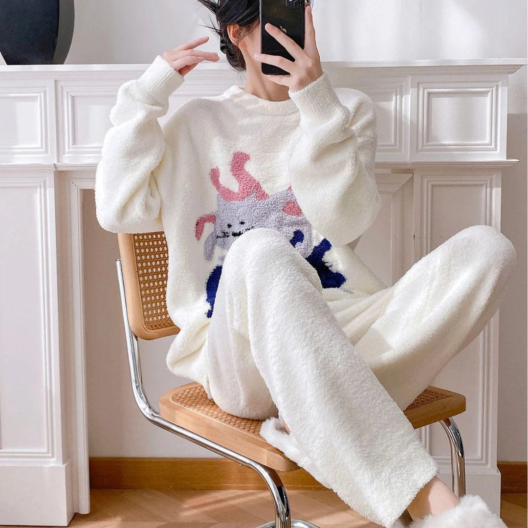 【甜筒】2025新款半边绒睡衣女长袖卡通印花甜美风舒适家居服可外穿