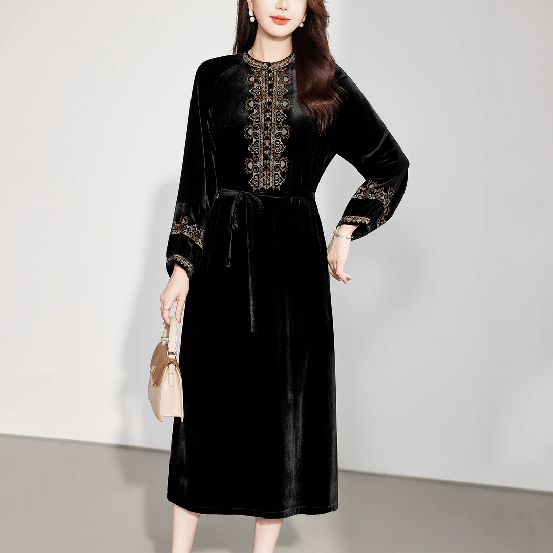洛玺曼黑色丝绒真丝连衣裙轻奢高级感气质女装精致刺绣秋季裙子
