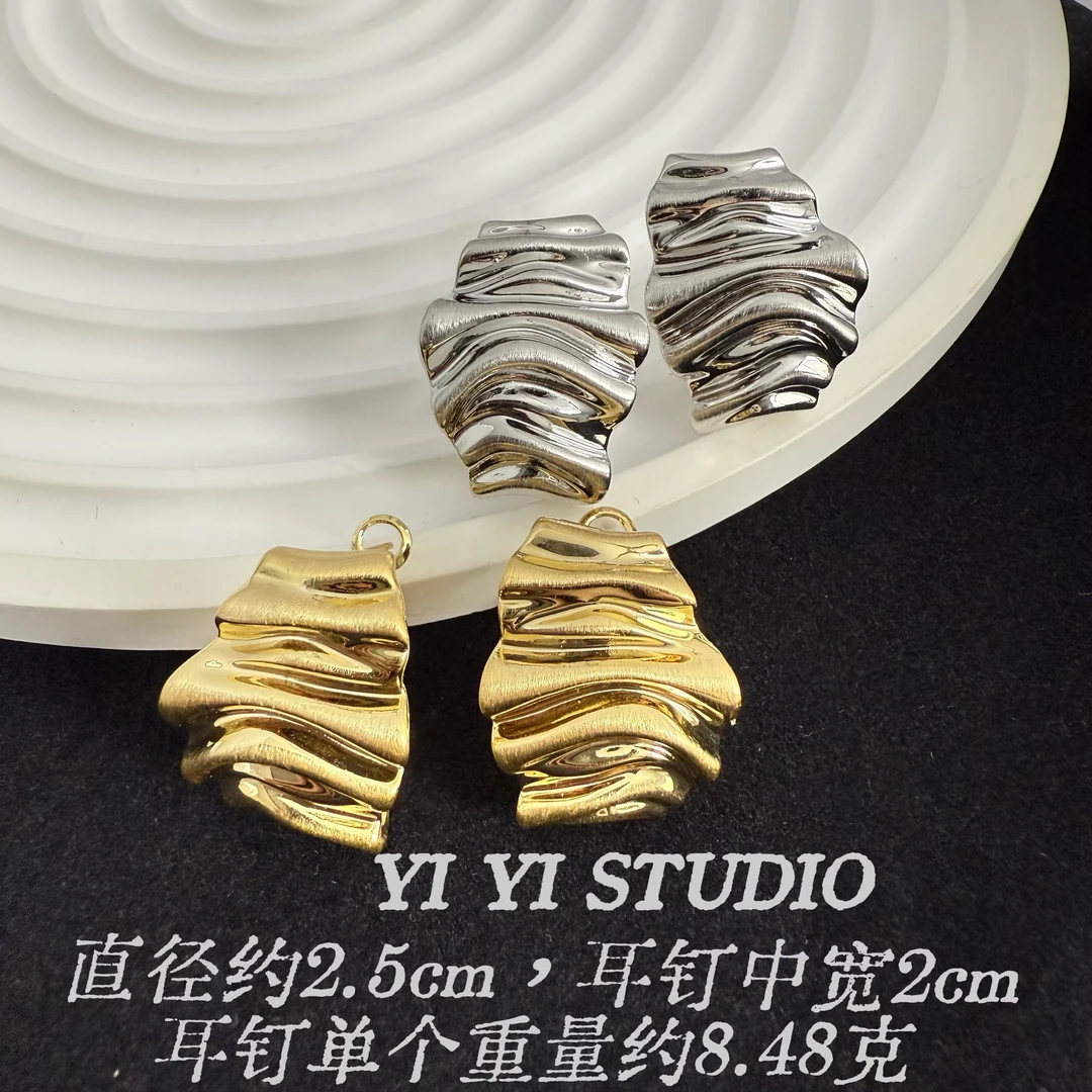铜合金耳饰 欧美风拉丝加亮面褶皱纹耳饰 气质百搭