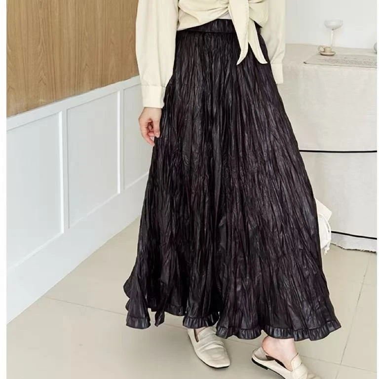 腰62-100长90皱面轻奢不规则百褶设计感A字皮面半身裙 3954